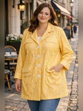 Susan Graver Stylish Lace Yellow Button-Up Jacket Silky Lined 3X NWT